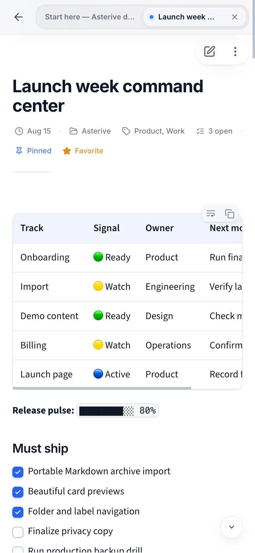 Asterive showing two open notes in its mobile workspace
